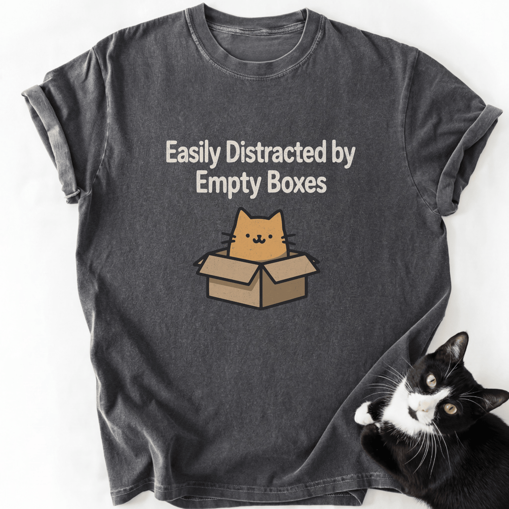Dark gray cat graphic tee with 'Easily Distracted by Empty Boxes' text and cartoon cat in box