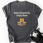 Dark gray cat graphic tee with 'Easily Distracted by Empty Boxes' text and cartoon cat in box