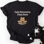 Black cat lover t-shirt featuring tan cartoon cat in cardboard box and humorous quote