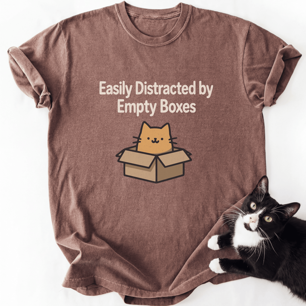 Brown heather cat dad shirt with 'Easily Distracted by Empty Boxes' graphic and cartoon feline