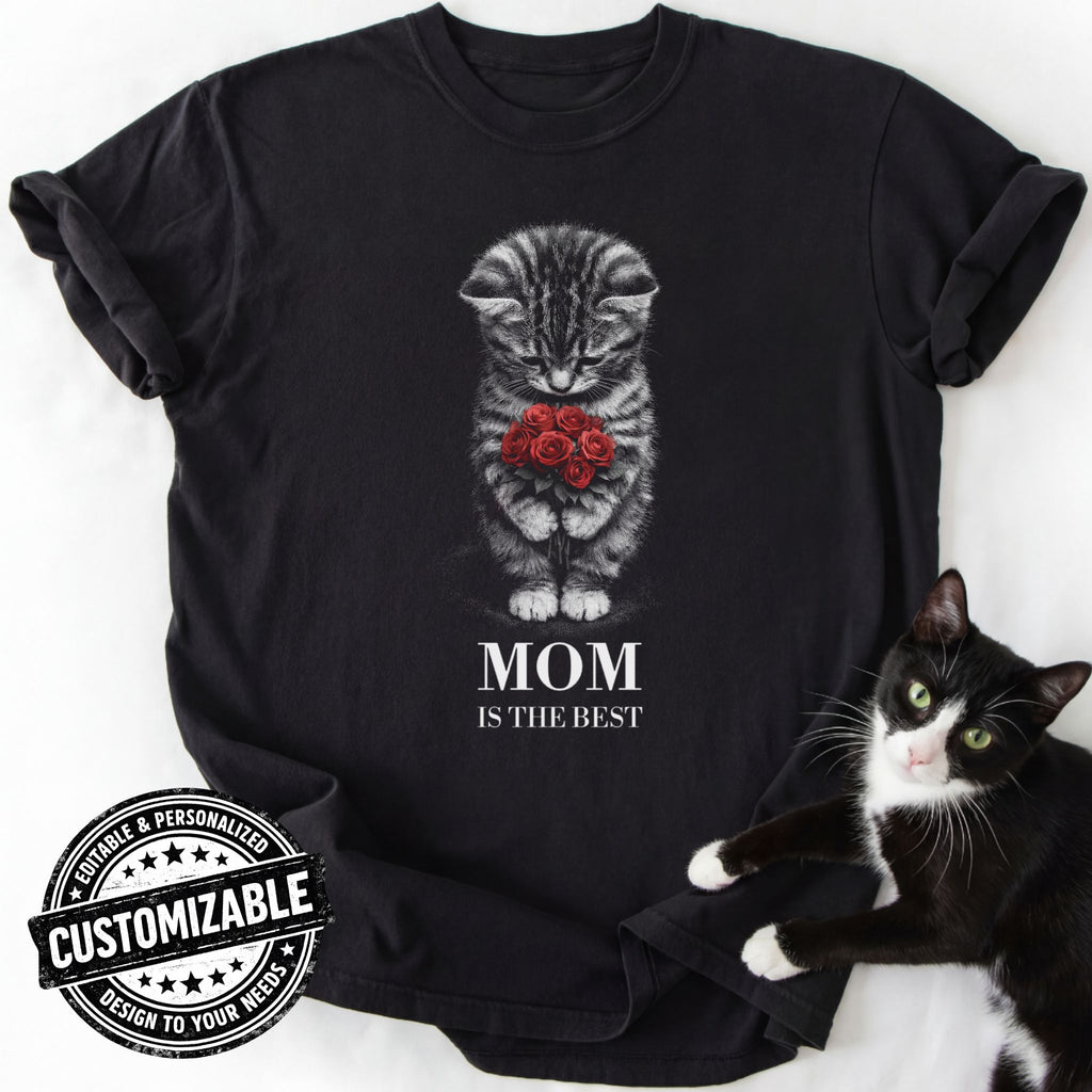 Black personalized cat lover t-shirt featuring kitten with roses and customizable name