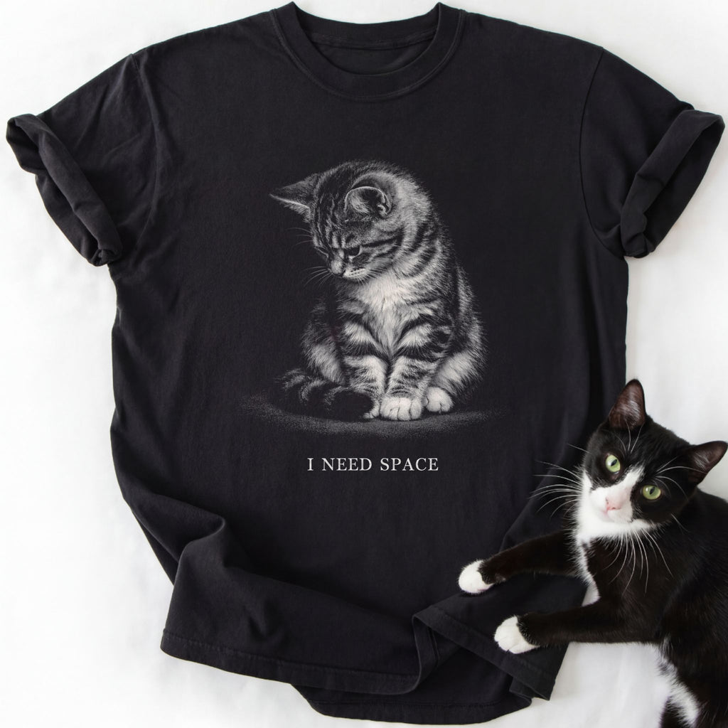 Black I Need Space graphic tee with tabby kitten design for cat lovers