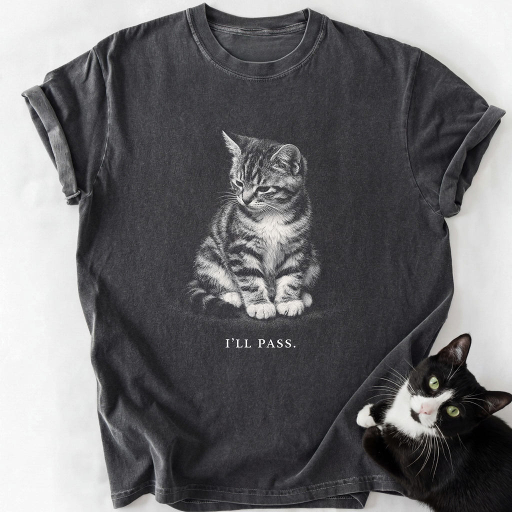 Dark gray garment-dyed t-shirt featuring 'I'll Pass' cat meme design