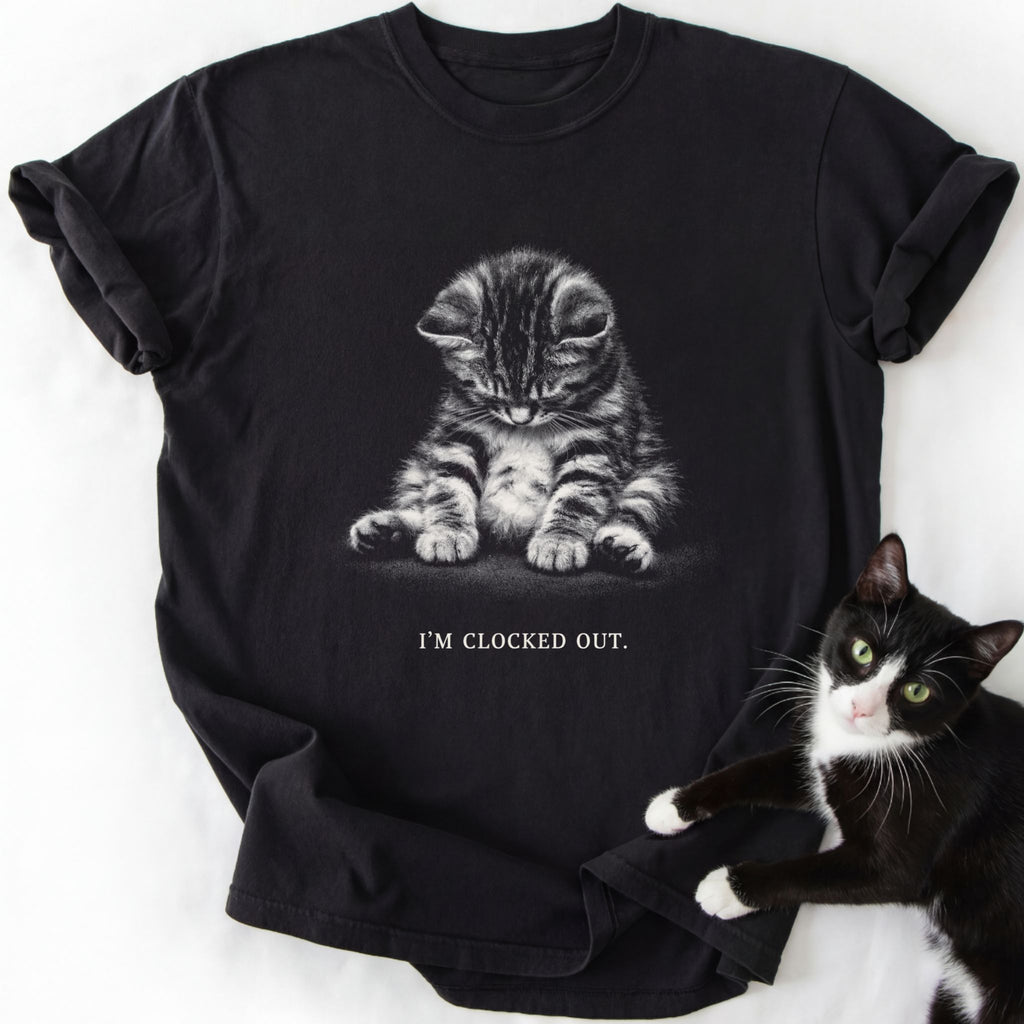 Black comfort colors t-shirt featuring 'I'm Clocked Out' cat lover design