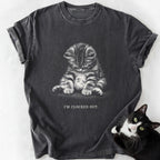 Dark gray garment-dyed t-shirt with 'I'm Clocked Out' tabby kitten graphic