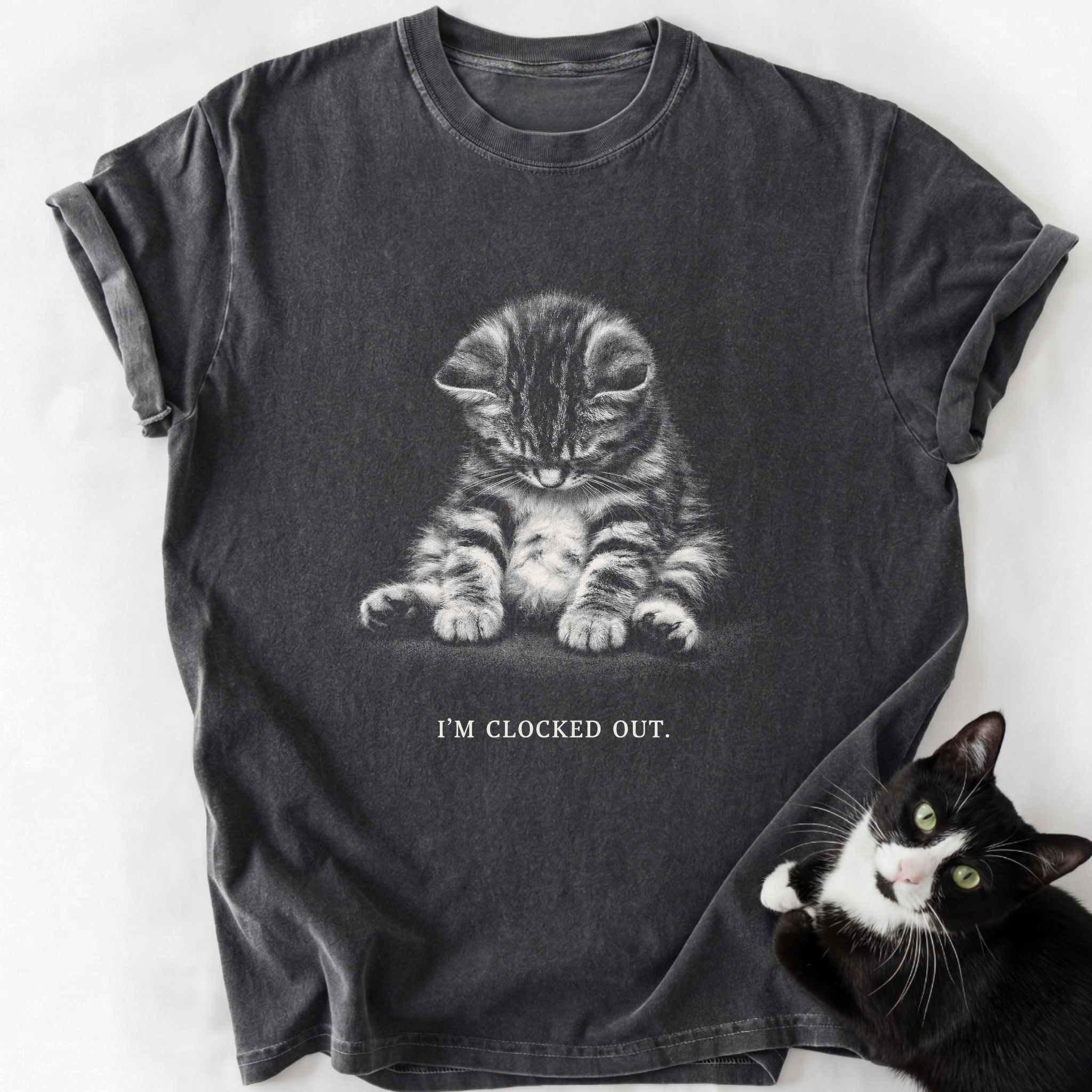 Dark gray garment-dyed t-shirt with 'I'm Clocked Out' tabby kitten graphic