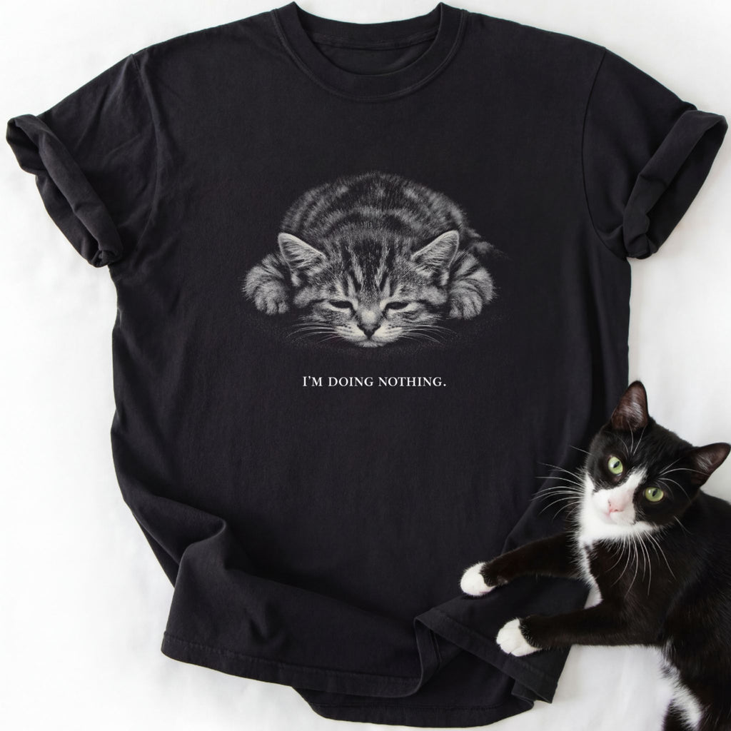 Black I'm Doing Nothing cat graphic tee with tabby kitten design