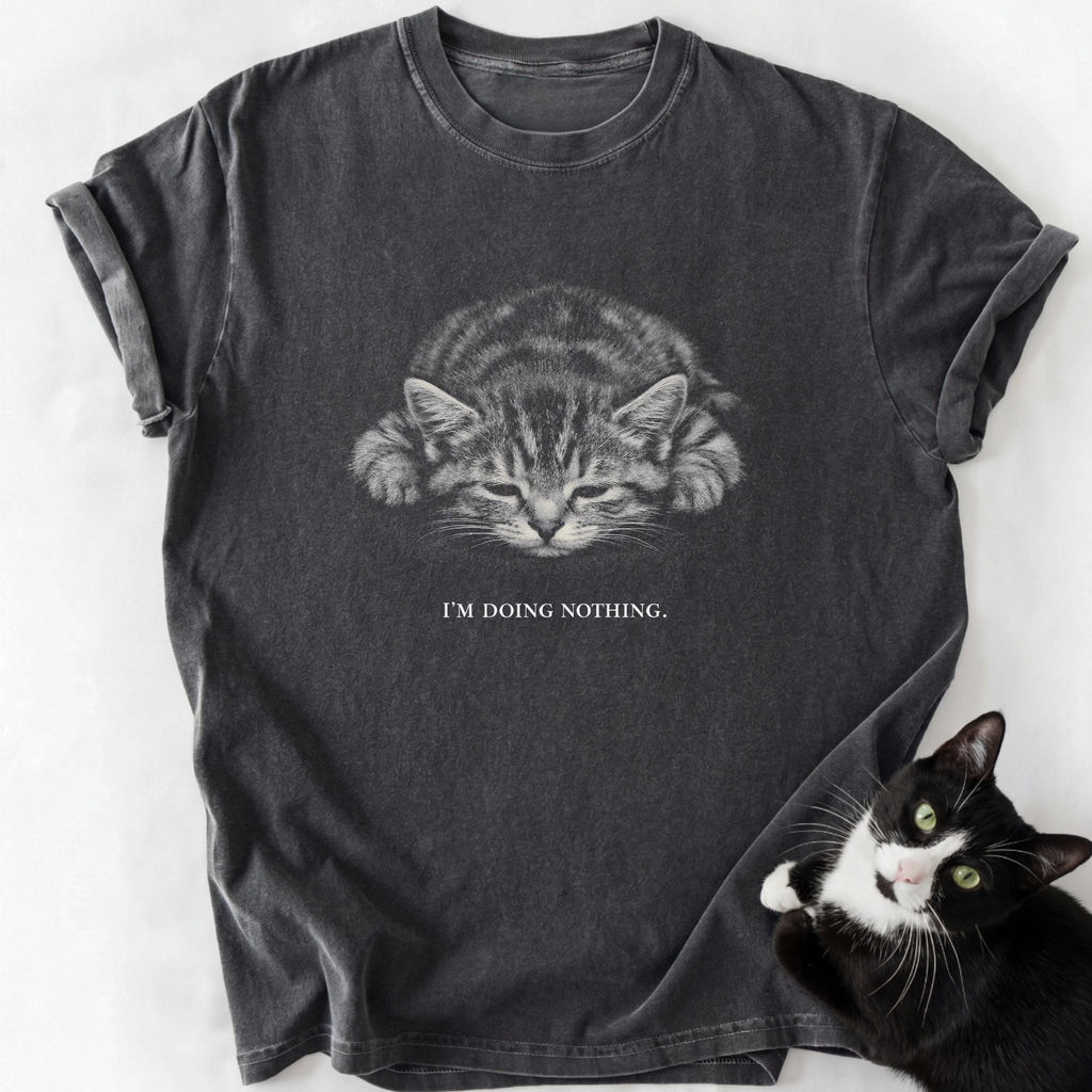 Dark gray garment-dyed cat lover t-shirt with 'I'm Doing Nothing' print