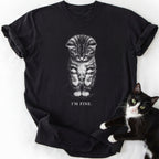 Black I'm Fine T-Shirt with sad tabby kitten graphic and cat lover text