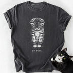 Dark gray I'm Fine T-Shirt featuring sad tabby kitten design for cat moms