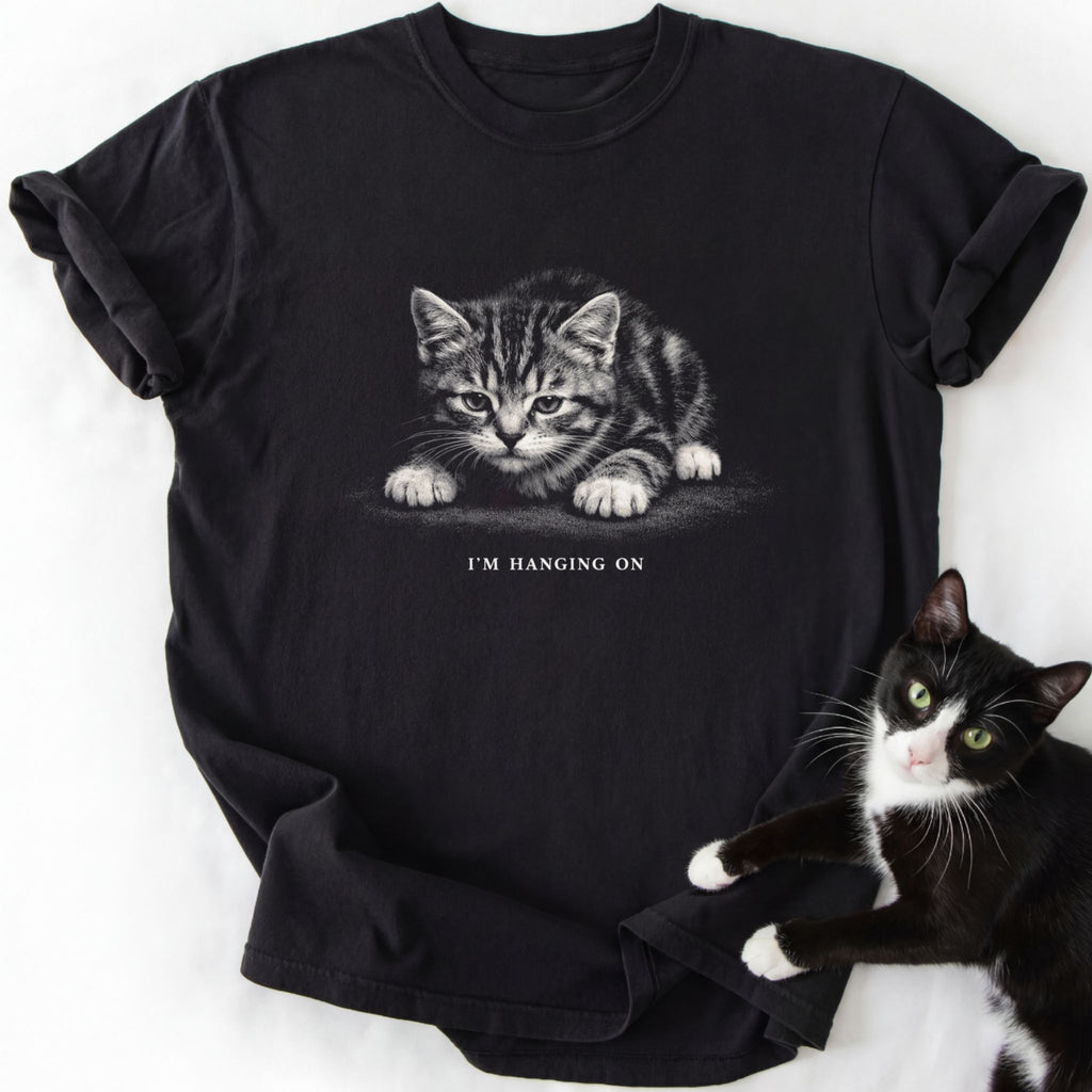 Black cat lover t-shirt with hanging kitten graphic and text