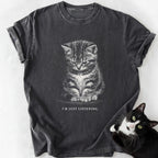 Dark gray garment-dyed cotton t-shirt with seated tabby kitten graphic and 'I'm Just Listening' text