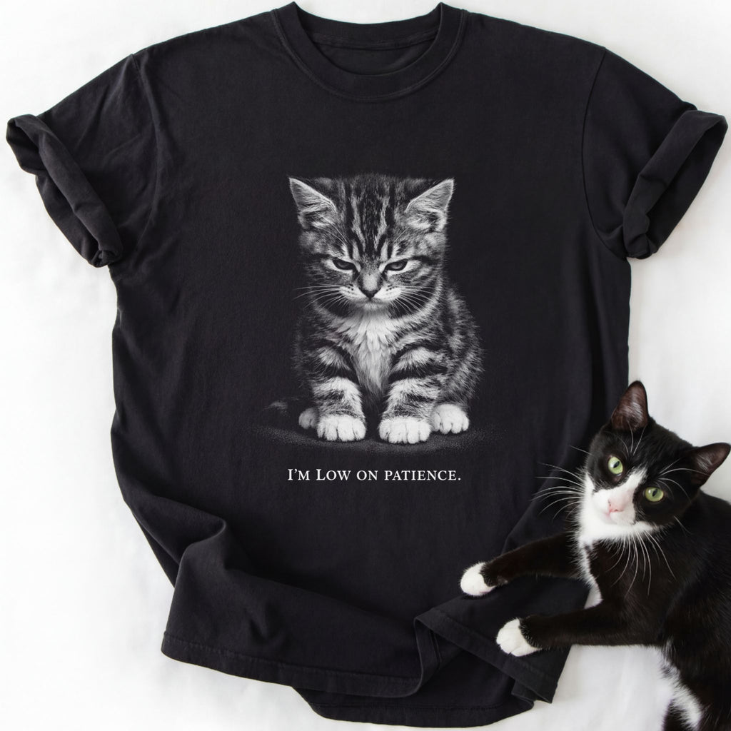 Black cat dad graphic tee with grumpy kitten and 'I'm Low On Patience' text