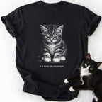 Black cat dad graphic tee with grumpy kitten and 'I'm Low On Patience' text