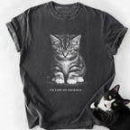 Heathered gray cat lover t-shirt featuring grumpy tabby kitten and patience quote