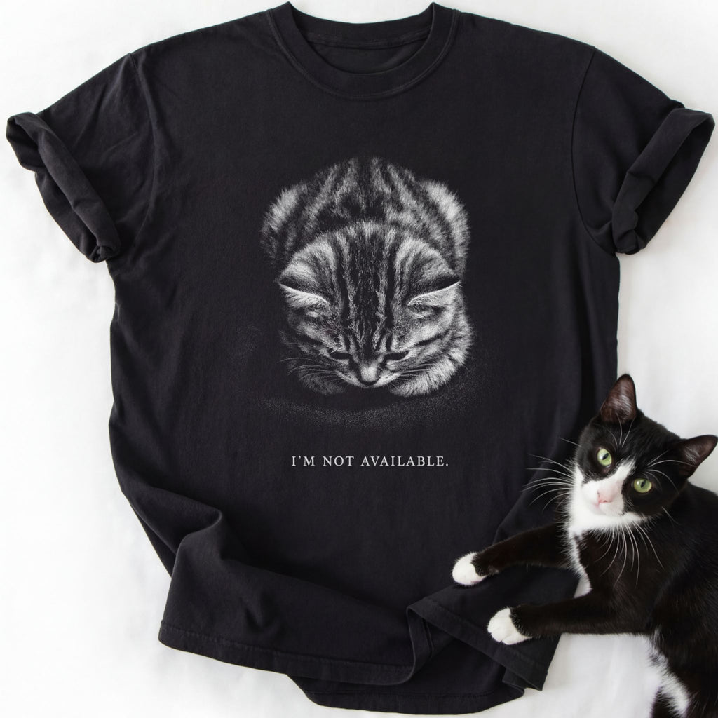 Black cat lover t-shirt featuring bowed head tabby kitten and 'I'm Not Available' slogan