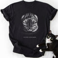 Black cat lover t-shirt featuring bowed head tabby kitten and 'I'm Not Available' slogan