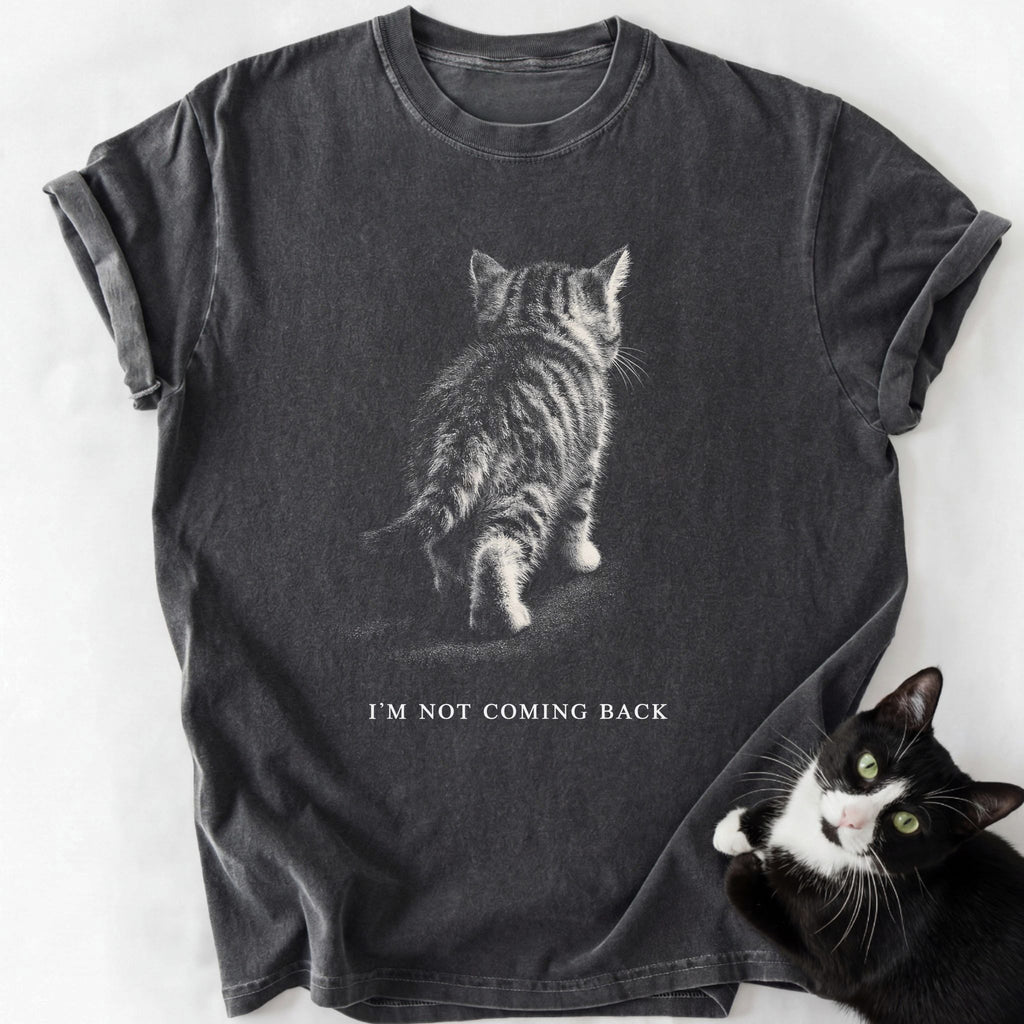 Dark gray garment-dyed cat lover t-shirt featuring walking tabby kitten and white text