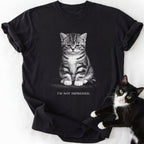 Black I'm Not Impressed cat graphic tee with seated tabby kitten design