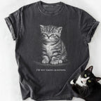 Dark gray Comfort Colors 1717 t-shirt with grumpy tabby kitten and 'I'm Not Taking Questions' text