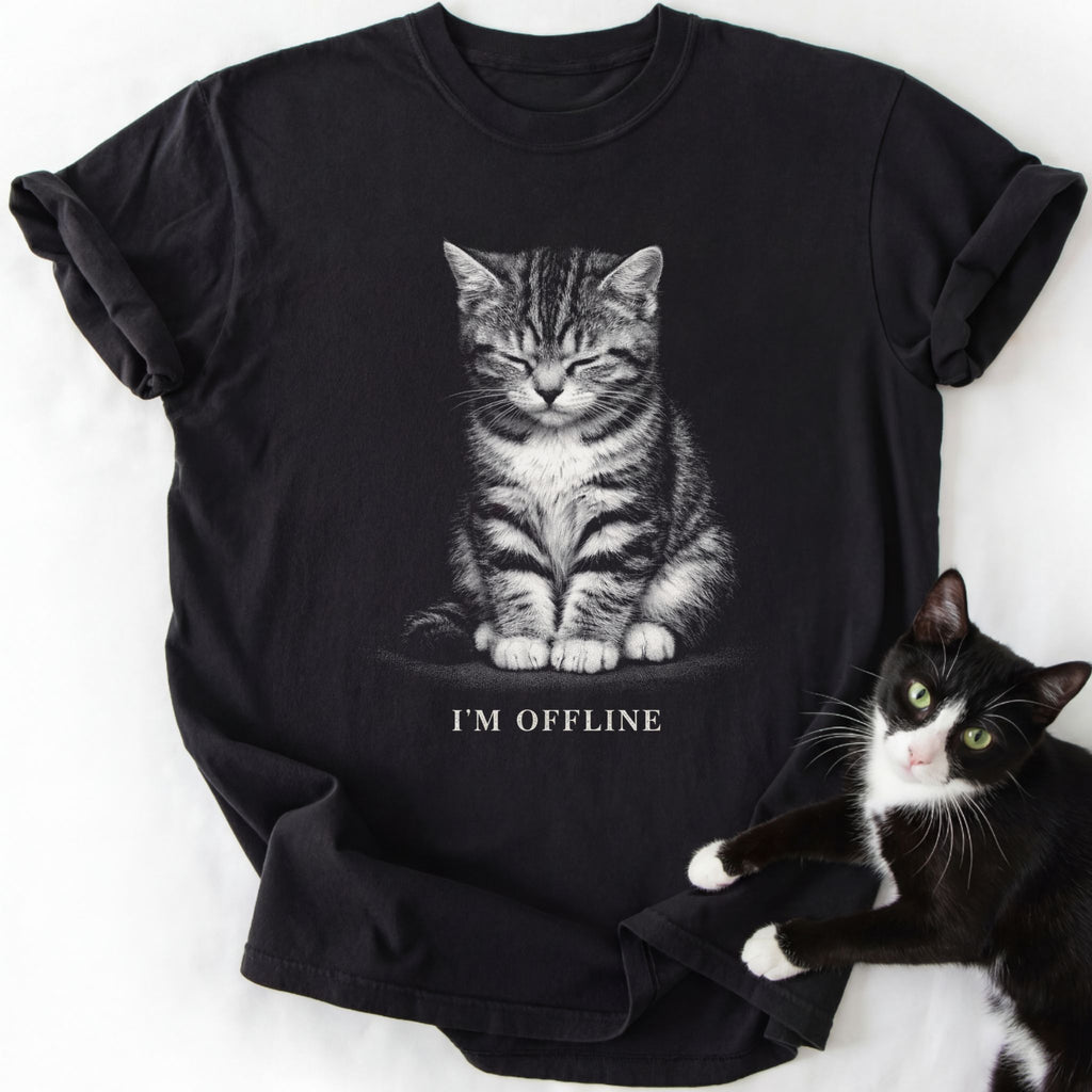 Black cat lover t-shirt featuring 'I'm Offline' kitten design and soft-washed cotton
