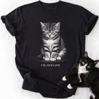 Black cat lover t-shirt featuring 'I'm Offline' kitten design and soft-washed cotton