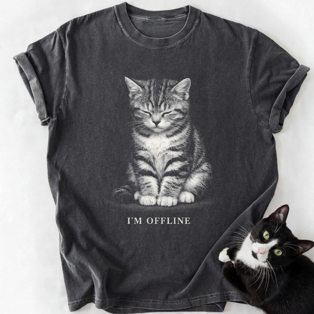 Dark gray garment-dyed t-shirt with 'I'm Offline' tabby kitten graphic and relaxed fit