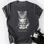 Dark gray garment-dyed t-shirt with 'I'm Offline' tabby kitten graphic and relaxed fit