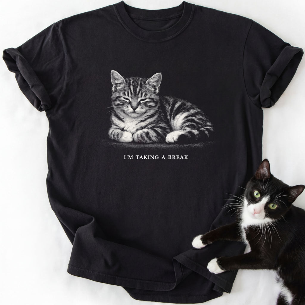 Black I'm Taking A Break cat graphic tee with tabby illustration