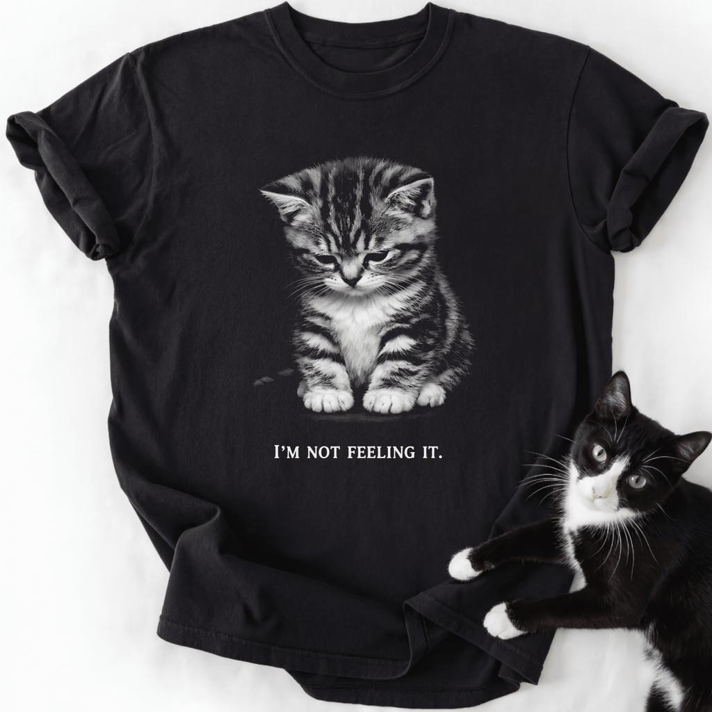 Black I'm Not Feeling It graphic tee with sad tabby kitten design and real cat