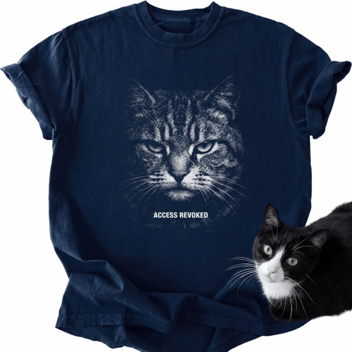 Navy Access Revoked cat graphic tee with tabby face design