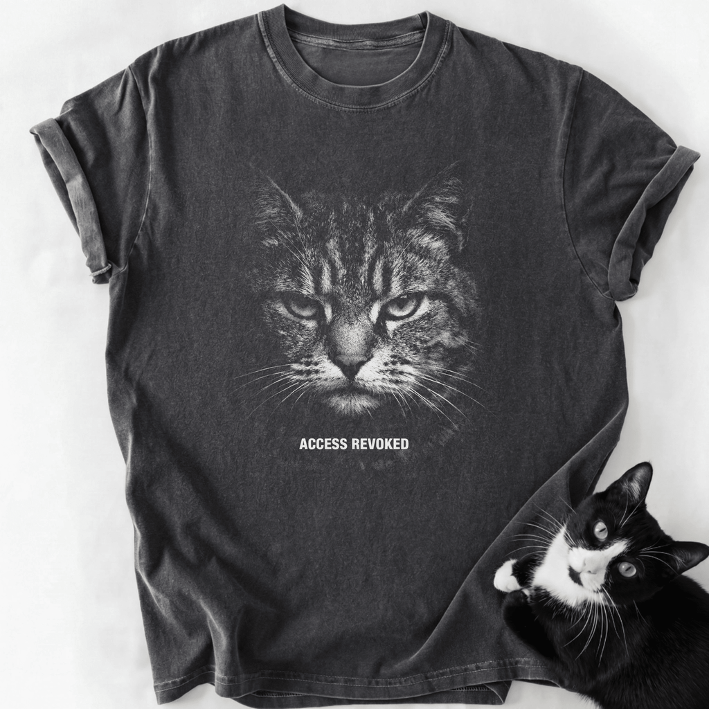 Dark gray garment-dyed cat dad t-shirt with intense tabby print