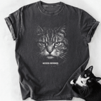 Dark gray garment-dyed cat dad t-shirt with intense tabby print