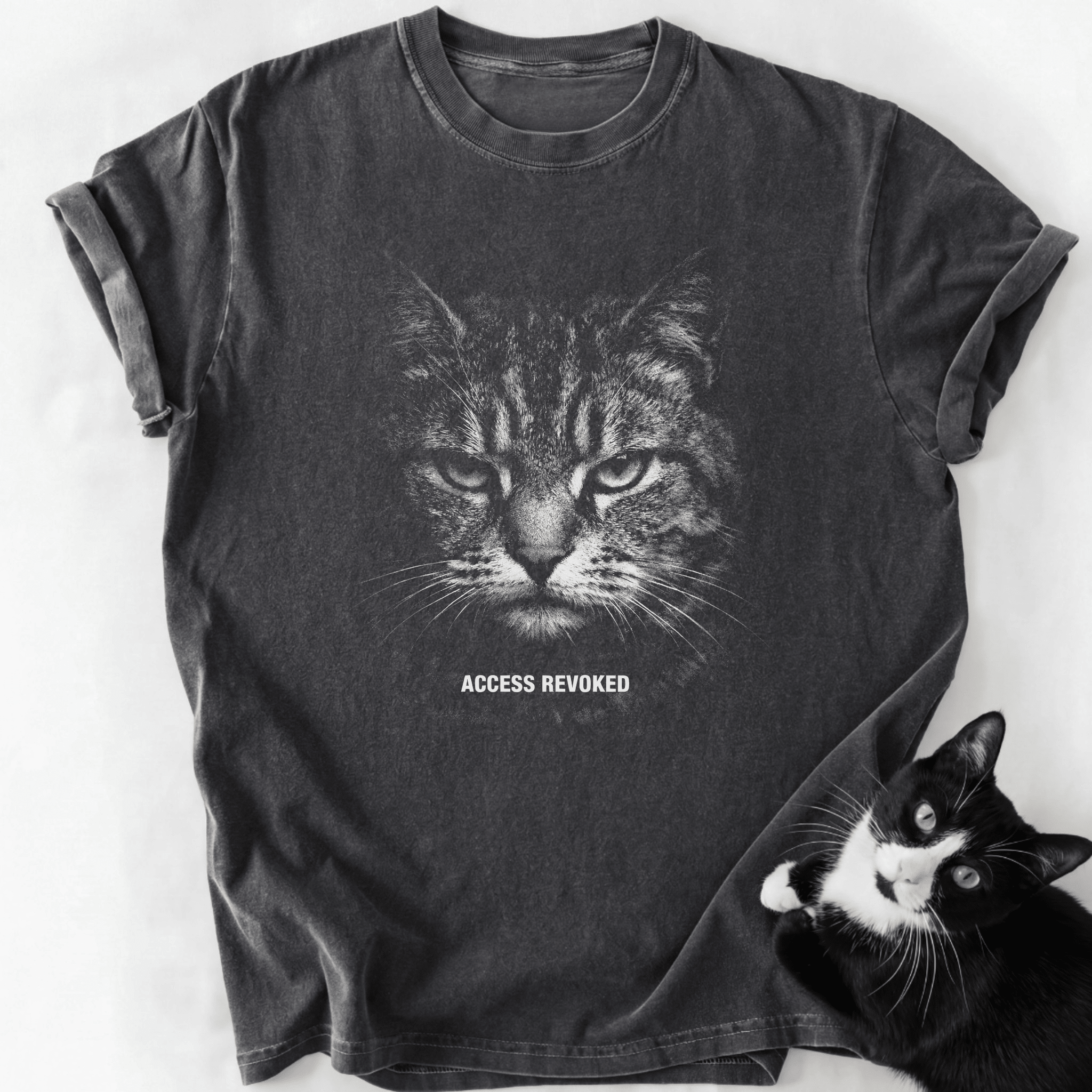 Dark gray garment-dyed cat dad t-shirt with intense tabby print