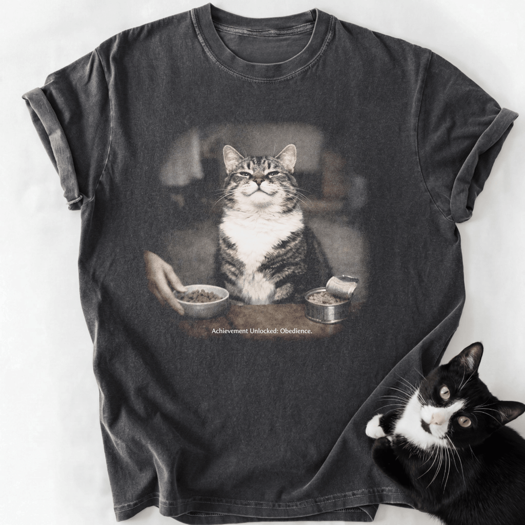 Stone-washed gray cat lover t-shirt with retro 'Obedience' graphic and soft worn texture