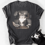 Stone-washed gray cat lover t-shirt with retro 'Obedience' graphic and soft worn texture