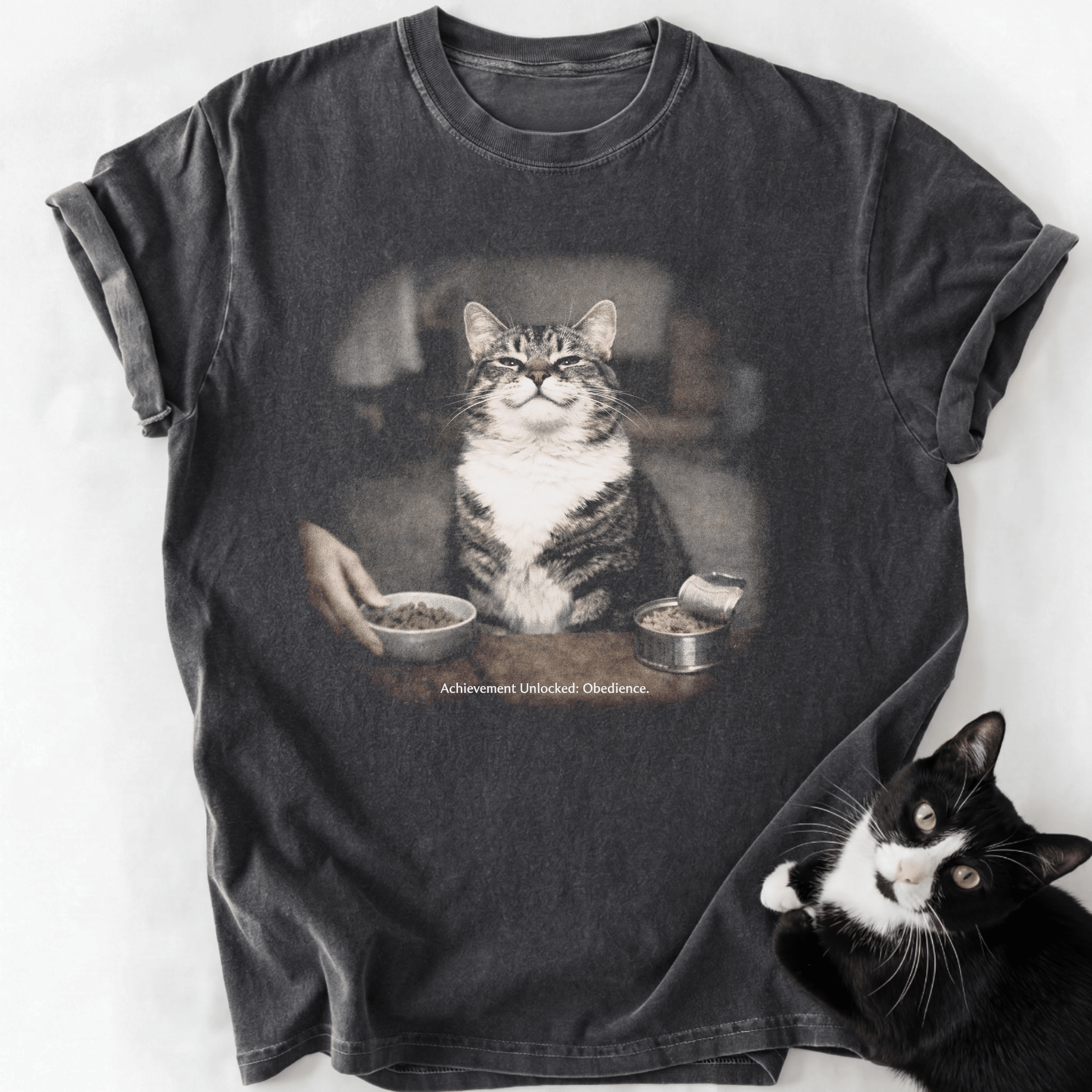 Stone-washed gray cat lover t-shirt with retro 'Obedience' graphic and soft worn texture