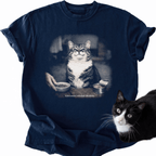 Navy blue garment-dyed cotton t-shirt featuring humorous tabby cat obedience design