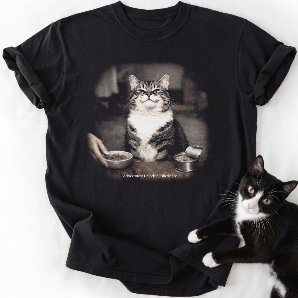 Black vintage cat graphic tee with 'Achievement Unlocked Obedience' text and relaxed fit