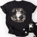 Black vintage cat graphic tee with 'Achievement Unlocked Obedience' text and relaxed fit