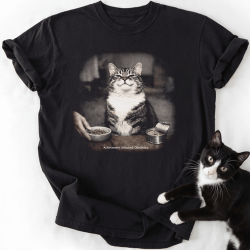 Black vintage cat graphic tee with 'Achievement Unlocked Obedience' text and relaxed fit