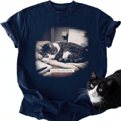 Navy blue relaxed fit t-shirt featuring sleeping tabby cat design