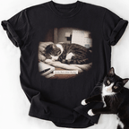 Black cotton crew neck tee with sepia cat photo and nap quote