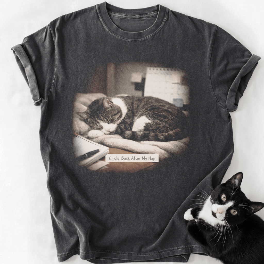 Dark gray vintage cat graphic tee with 'Circle Back After My Nap' text