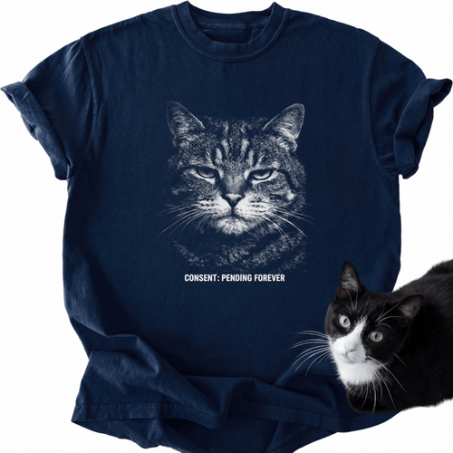 Navy blue Consent Pending Forever cat graphic tee with relaxed fit