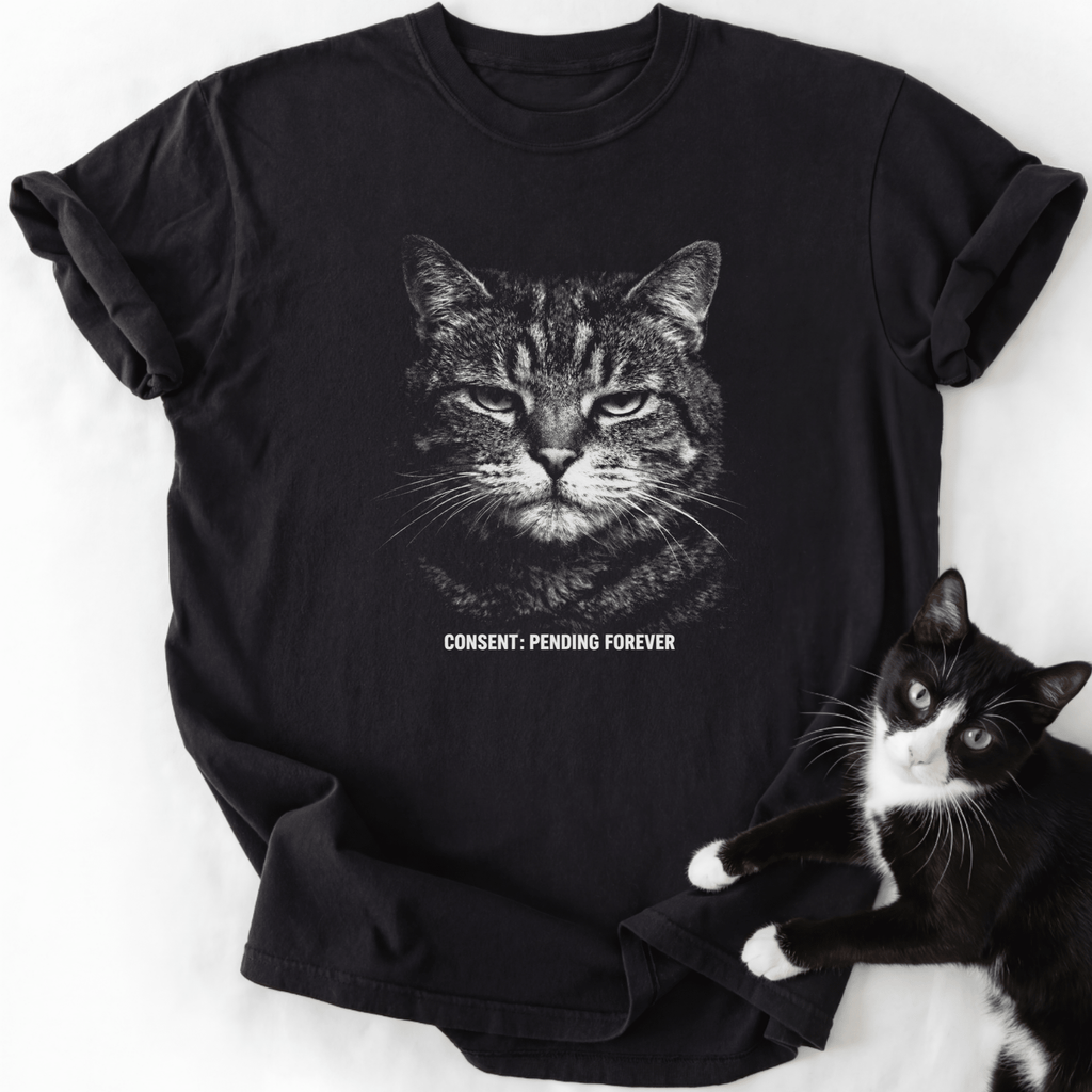 Black Consent Pending Forever cat graphic tee with tabby face design
