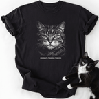 Black Consent Pending Forever cat graphic tee with tabby face design