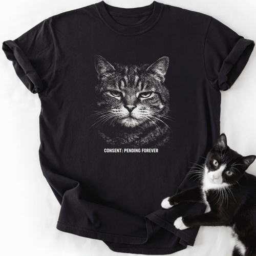 Black Consent Pending Forever cat graphic tee with tabby face design