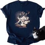 Navy blue vintage cat graphic tee with crown and pearl necklace, Emotional Support Overlord design
