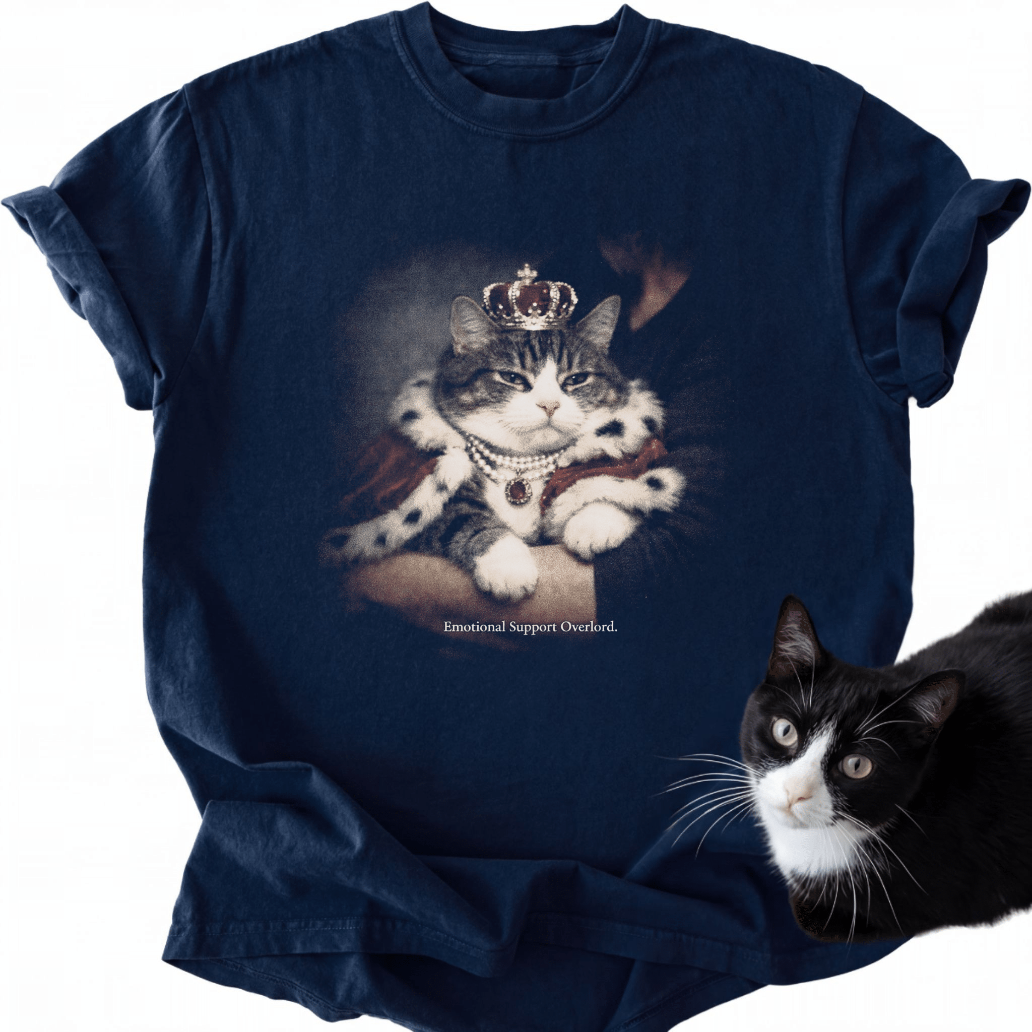 Navy blue vintage cat graphic tee with crown and pearl necklace, Emotional Support Overlord design